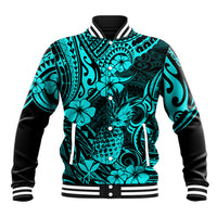 Unisex turquoise baseball jacket with pineapple and hibiscus tropical print, striped rib trim