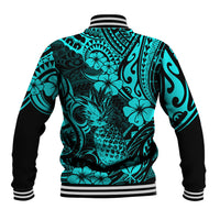 Unisex turquoise tropical baseball jacket with pineapple centerpiece, striped rib cuffs and hem
