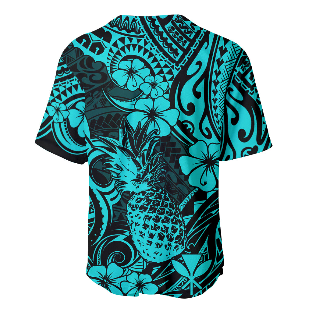 Turquoise and black pineapple floral short-sleeve baseball jersey, full pattern back