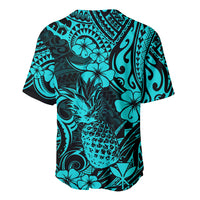 Turquoise and black pineapple floral short-sleeve baseball jersey, full pattern back