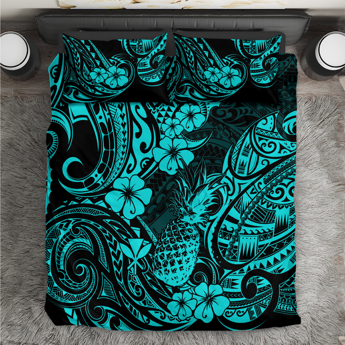 Turquoise Polynesian pineapple duvet cover with floral and ornate swirl pattern