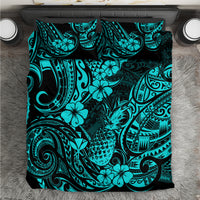 Turquoise Polynesian pineapple duvet cover with floral and ornate swirl pattern