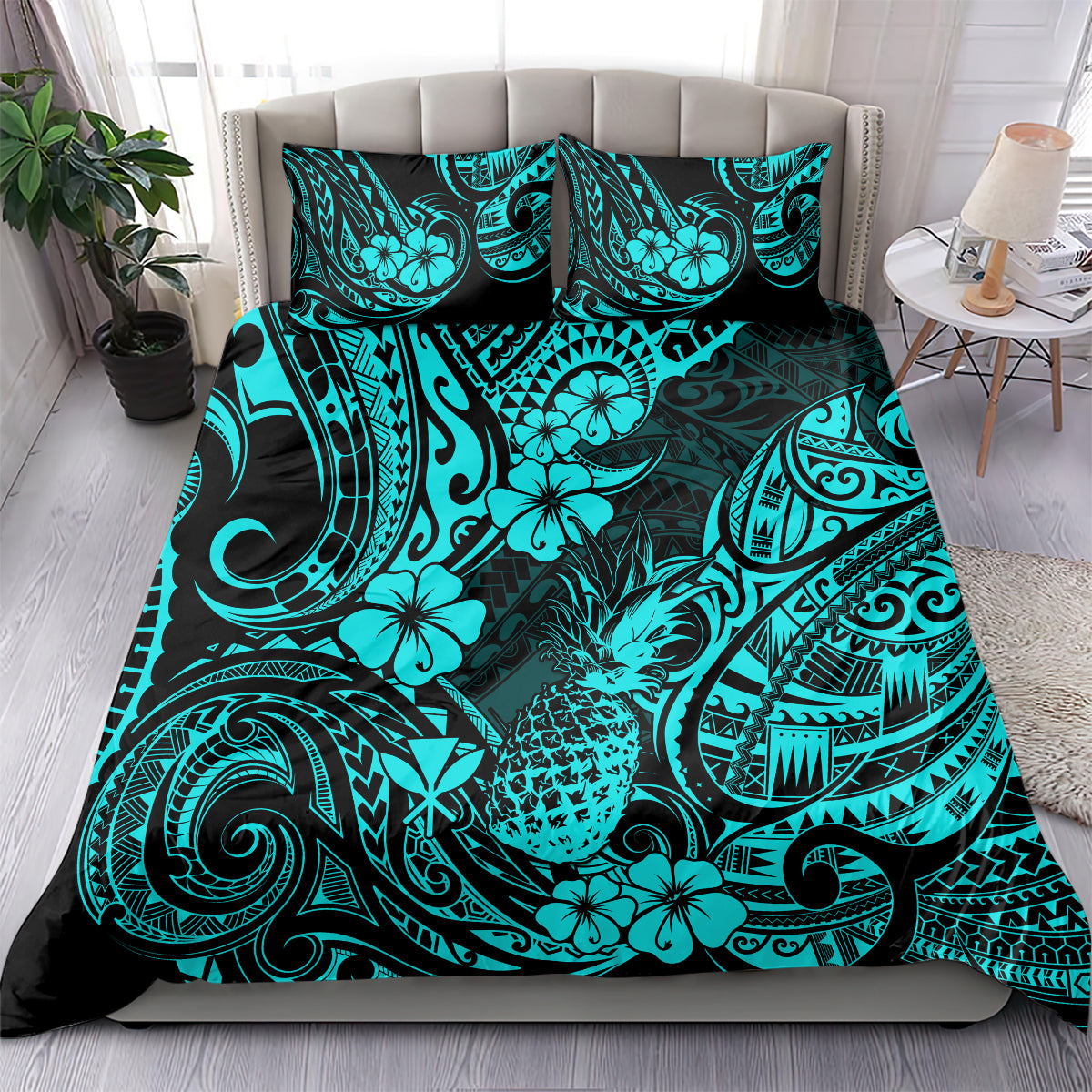 Turquoise pineapple and flower duvet cover set with matching pillow