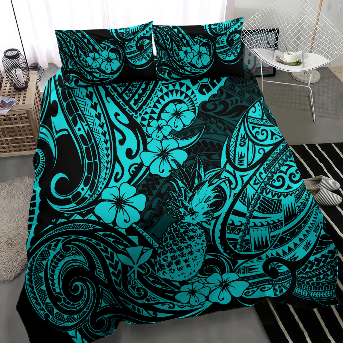 Turquoise Polynesian pineapple duvet cover with hibiscus and tribal swirl design