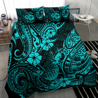 Turquoise Polynesian pineapple duvet cover with hibiscus and tribal swirl design