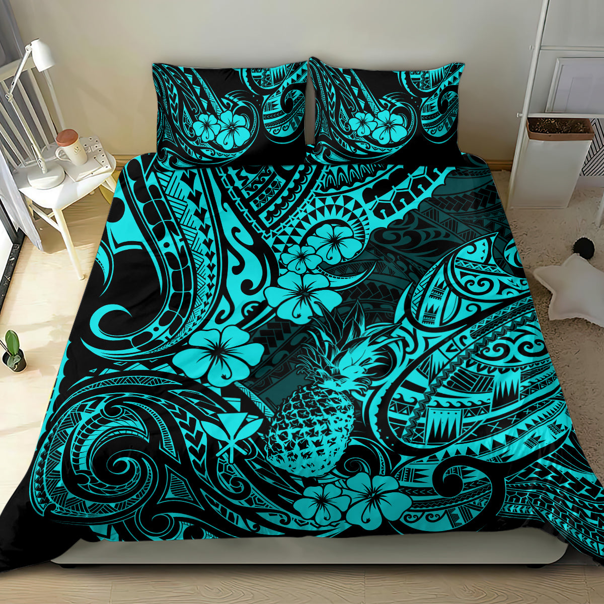 Turquoise pineapple floral duvet cover set with ornate tribal swirl pattern