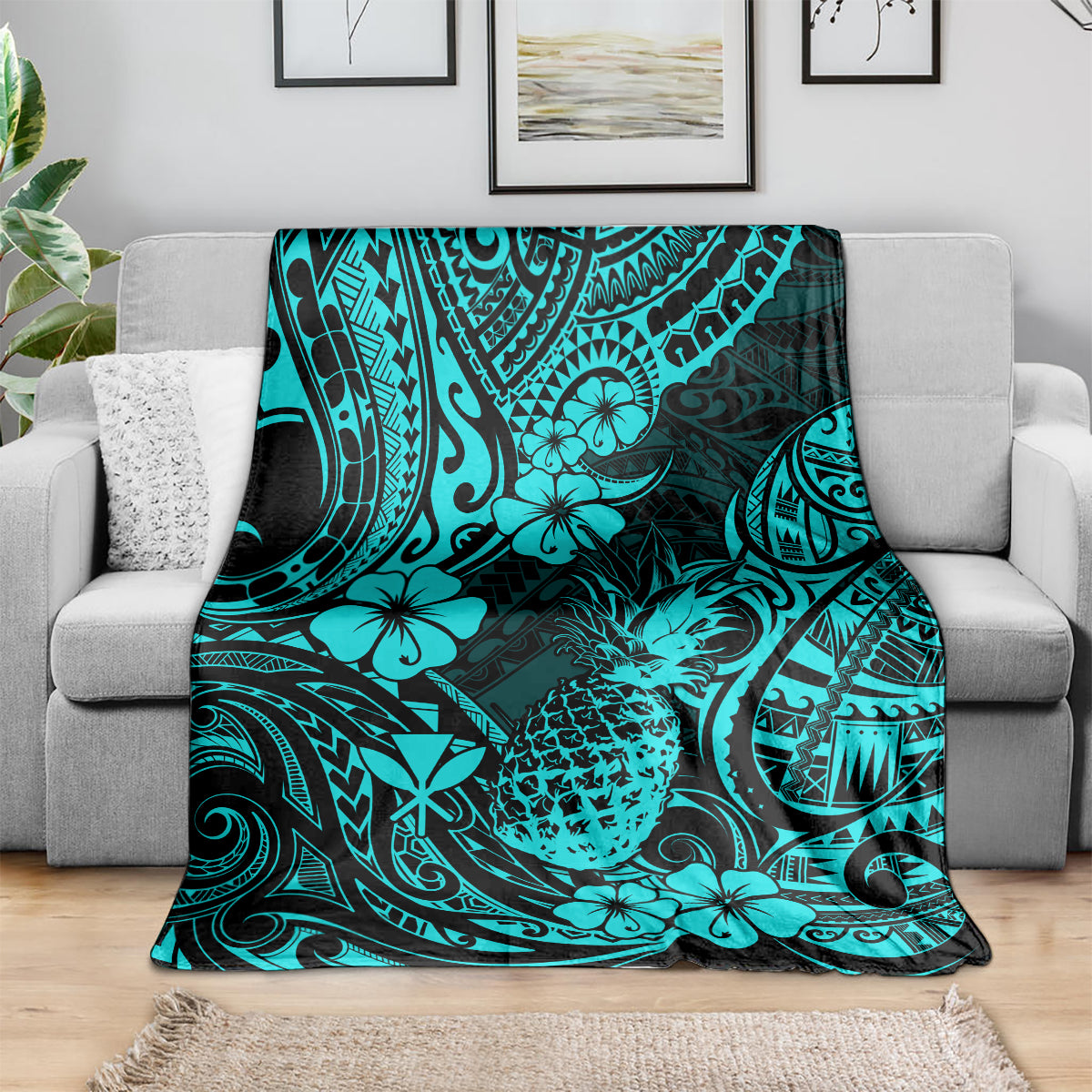Turquoise tropical pineapple pattern throw blanket draped over a sofa