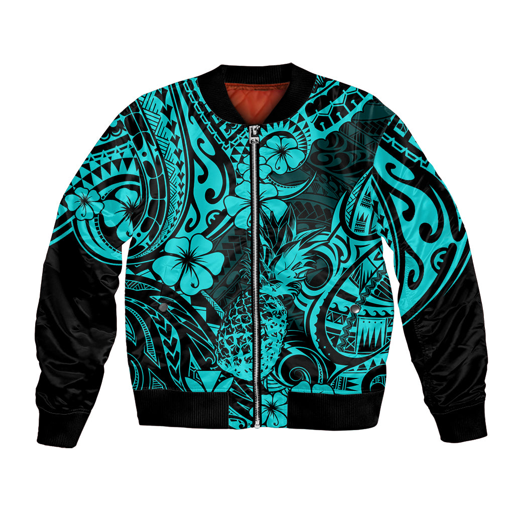 Unisex bomber jacket with turquoise tropical pattern, black sleeves and zip front