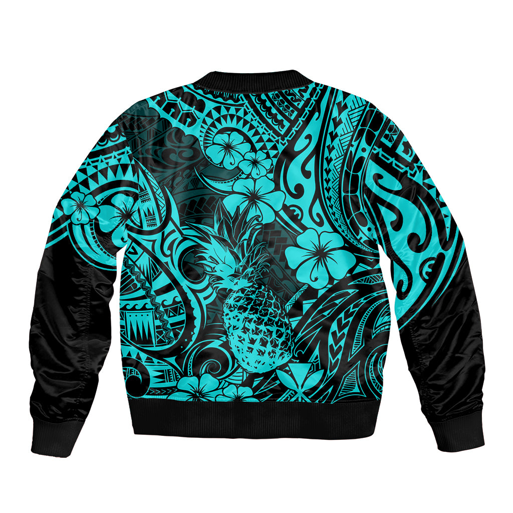 Unisex bomber jacket with turquoise tropical pattern on back, black ribbed hem