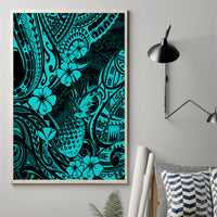 Turquoise Polynesian pineapple canvas wall art with tiki pattern, mounted on wall