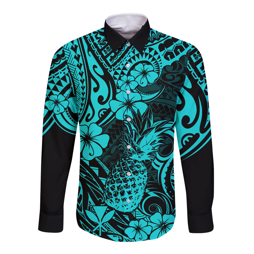 Turquoise and black long-sleeve button shirt with tropical pineapple floral print