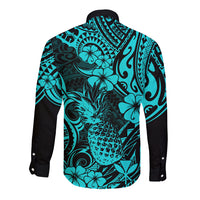 Turquoise and black long-sleeve button shirt with tropical back pineapple floral print
