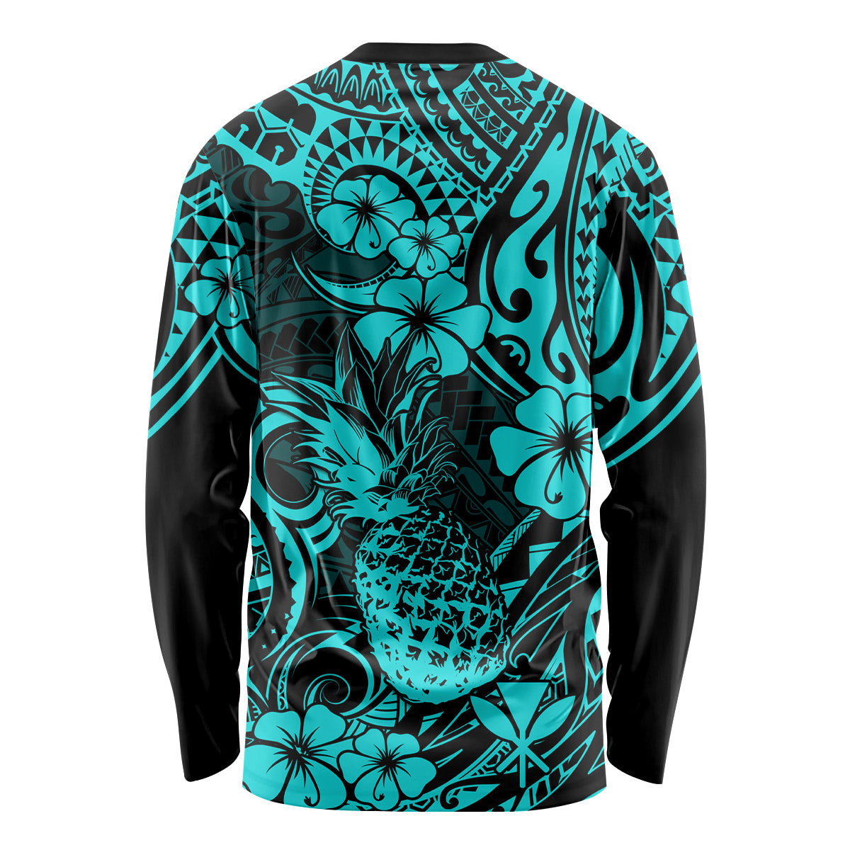 Unisex long-sleeve shirt, turquoise back with pineapple and floral Polynesian pattern