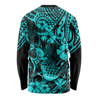 Unisex long-sleeve shirt, turquoise back with pineapple and floral Polynesian pattern