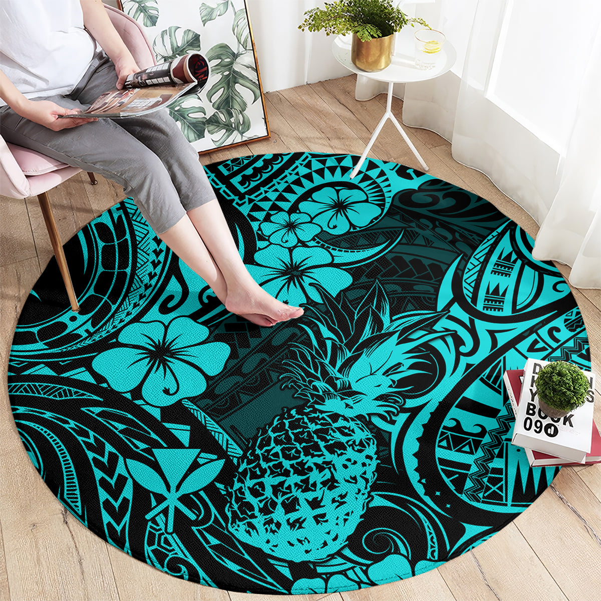 Round turquoise pineapple Polynesian pattern rug lying flat in living space