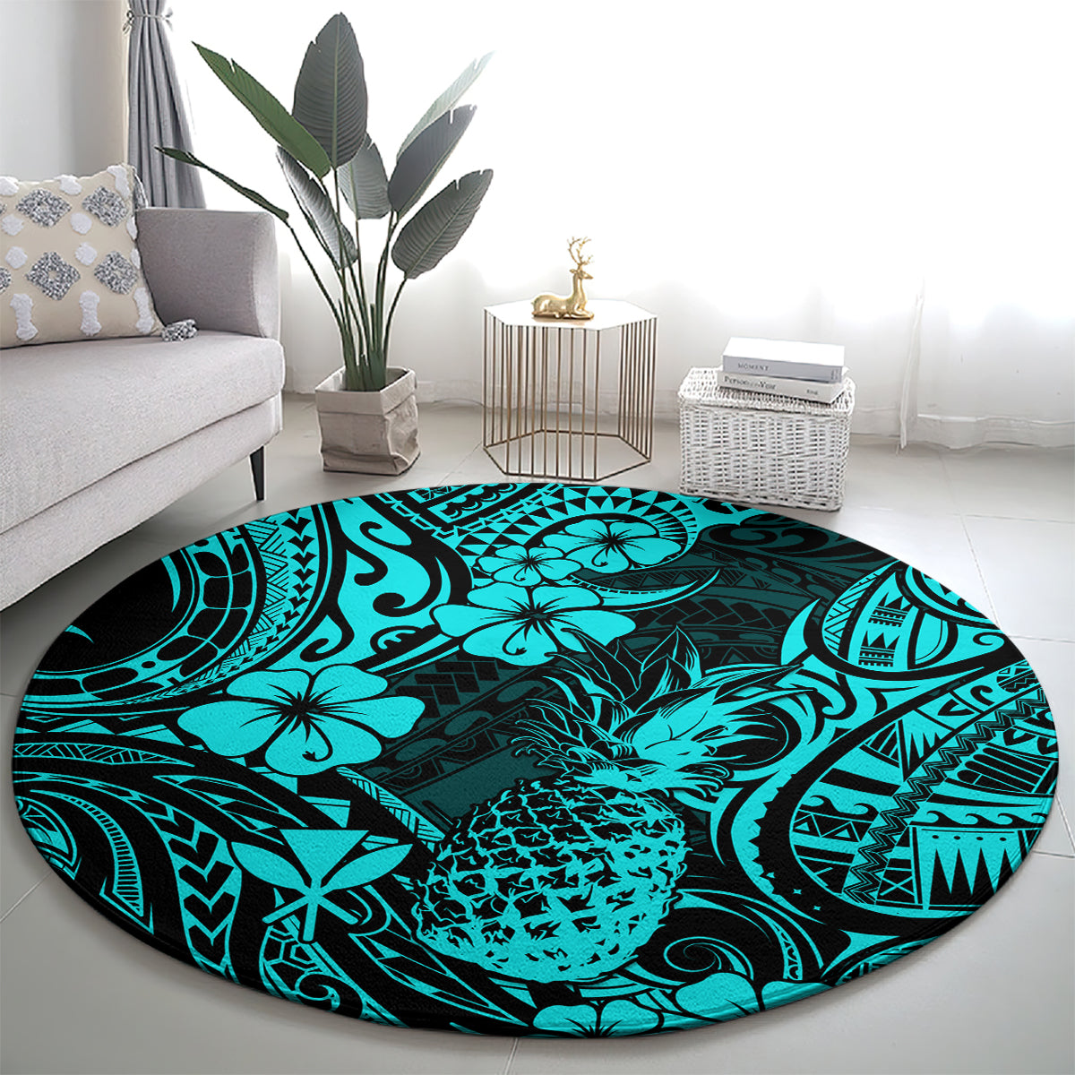 Round turquoise pineapple and Polynesian pattern area rug on hardwood floor