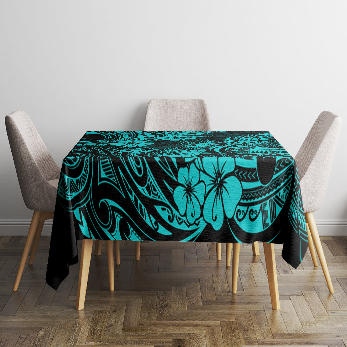 Turquoise tablecloth on dining table with pineapple and Polynesian swirl pattern, black trim