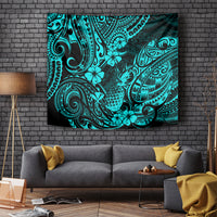 Turquoise pineapple tapestry with Polynesian tribal swirl and floral pattern, wall hanging