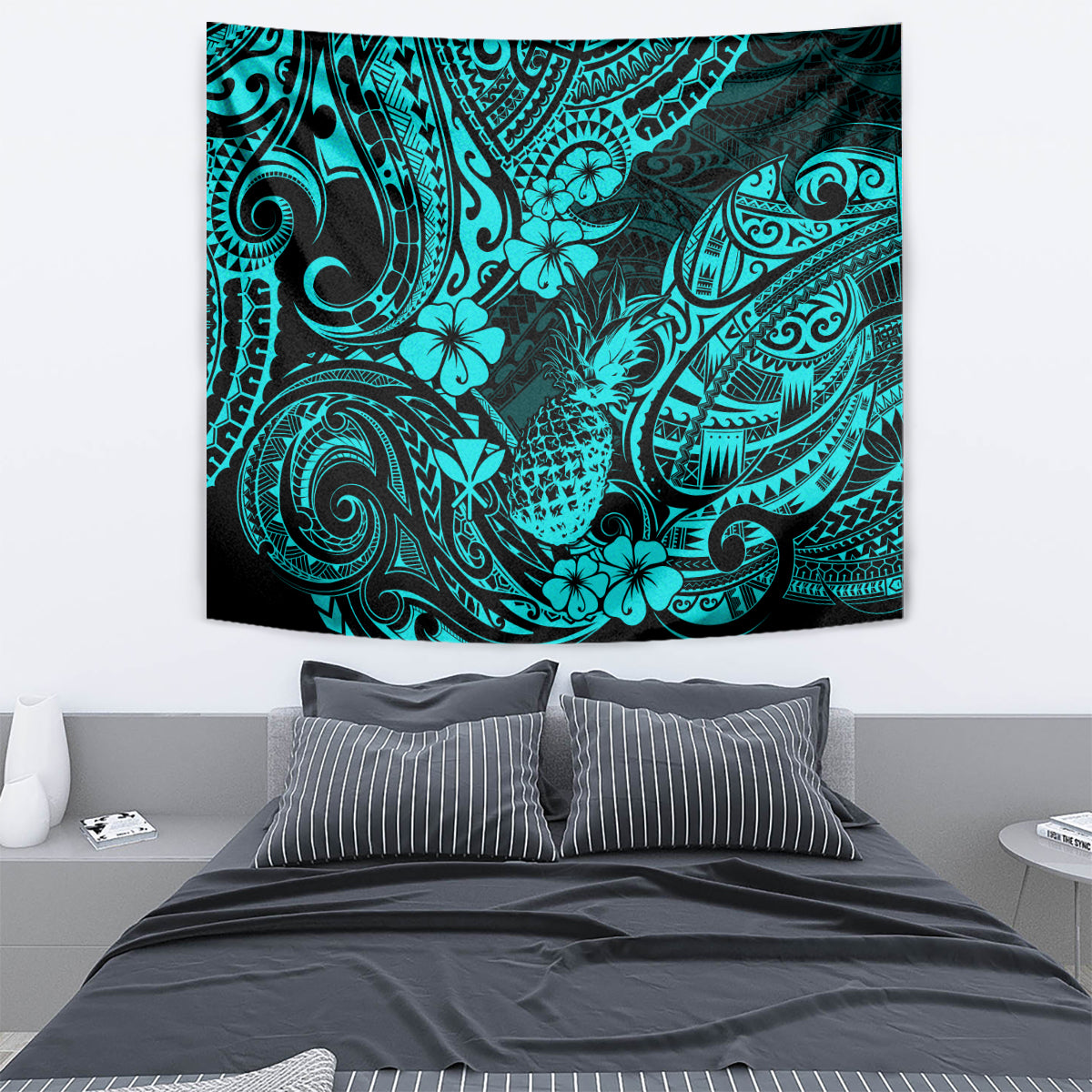 Turquoise pineapple tapestry featuring Polynesian scrollwork and hibiscus-style flowers