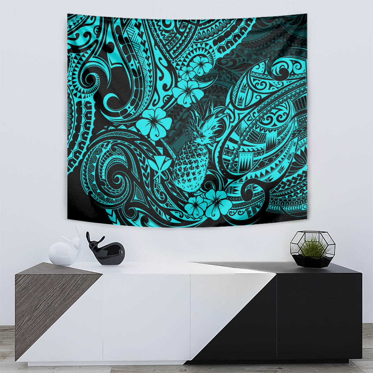 Turquoise pineapple tapestry with dark teal tribal motifs and pineapple centerpiece