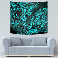 Turquoise pineapple tapestry showing Polynesian patterns of swirls, leaves, and flowers