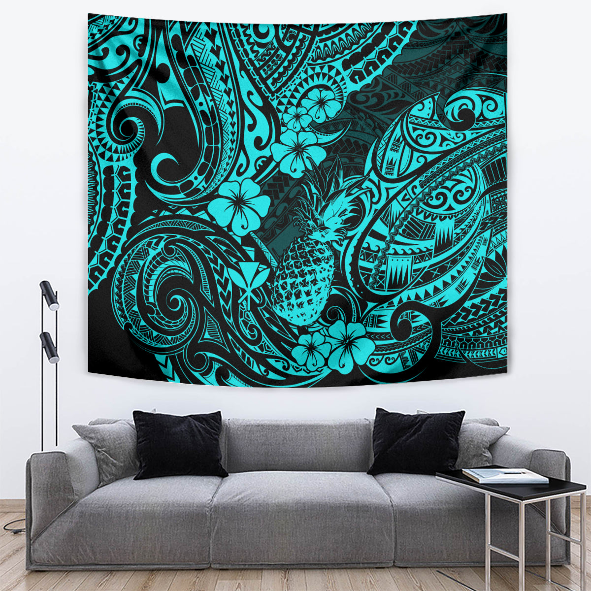 Turquoise pineapple tapestry with bold Polynesian tribal designs and pineapples at center