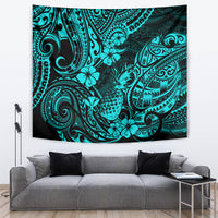 Turquoise pineapple tapestry with bold Polynesian tribal designs and pineapples at center