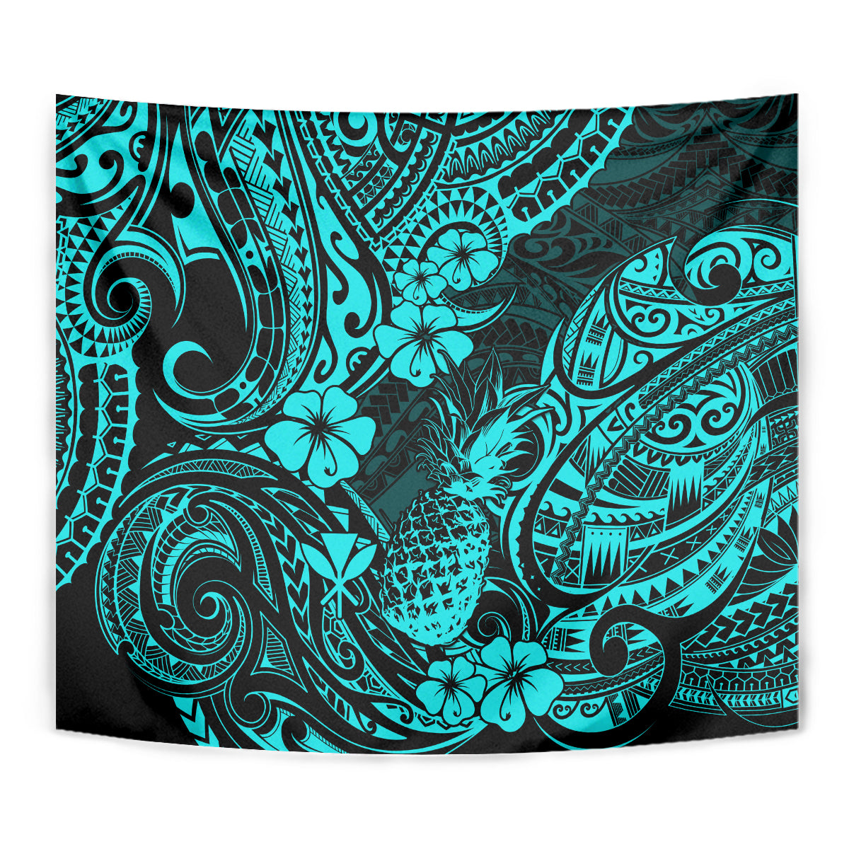 Turquoise pineapple tapestry close-up of Polynesian swirl patterns and hibiscus flowers