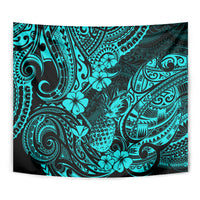 Turquoise pineapple tapestry close-up of Polynesian swirl patterns and hibiscus flowers