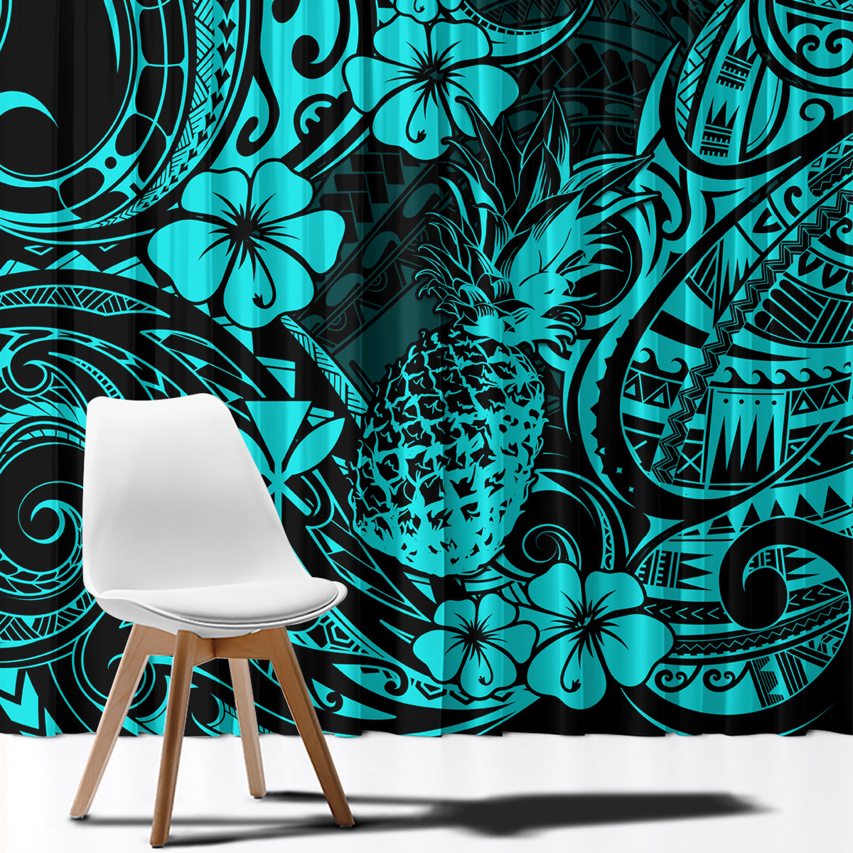 Turquoise Polynesian pineapple pattern curtain panel with close-up teal floral and swirl design