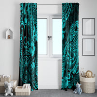 Turquoise Polynesian pineapple pattern curtain panels with jungle-like icons and swirls