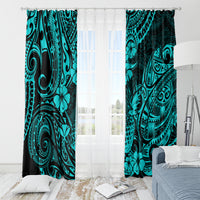 Turquoise Polynesian pineapple pattern window curtain pair, teal tiki-style icons and spirals