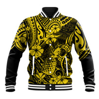 Yellow and black pineapple floral baseball jacket with snap buttons and striped ribbed cuffs