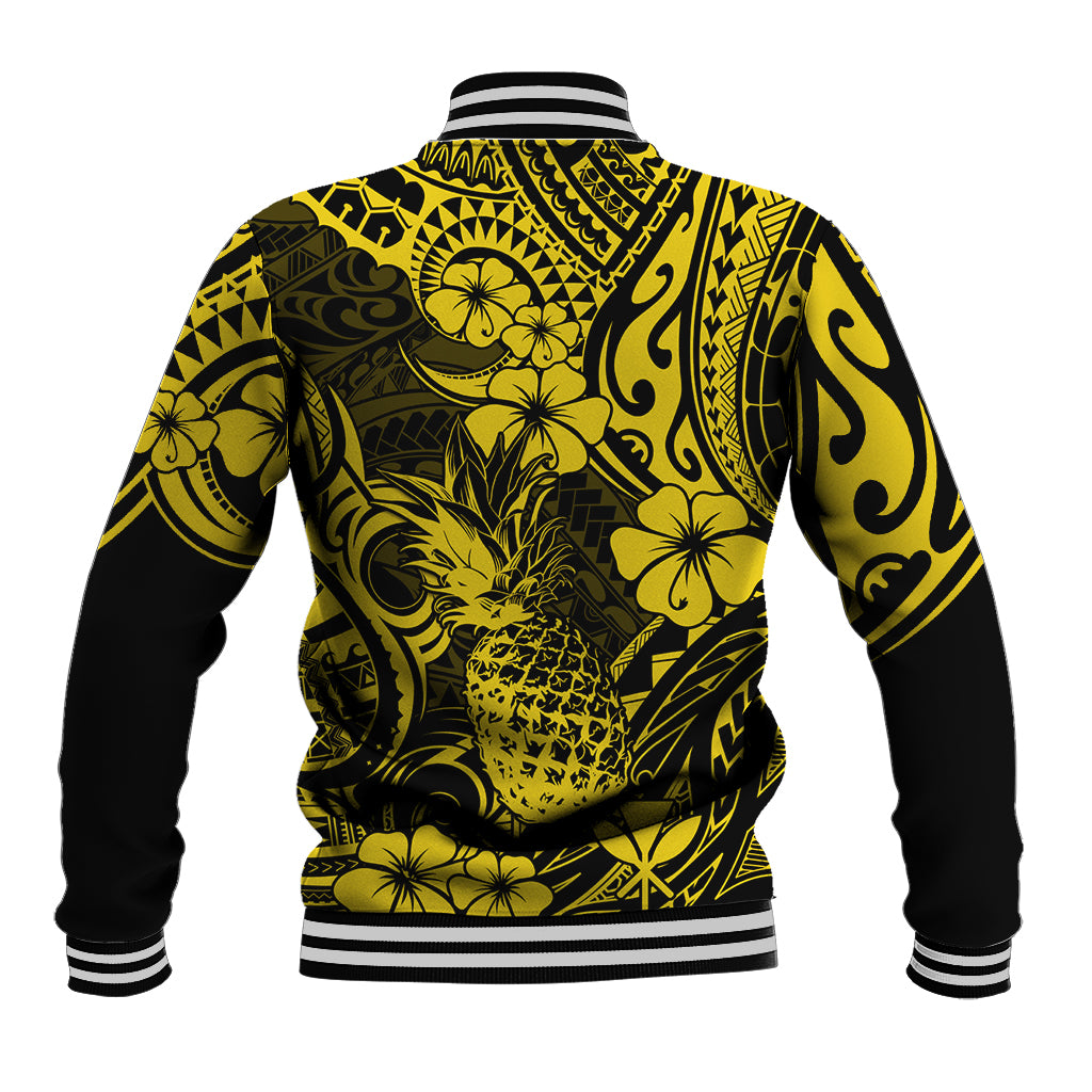 Yellow and black baseball jacket with pineapple and floral Polynesian-style pattern, ribbed hem