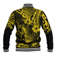 Yellow and black baseball jacket with pineapple and floral Polynesian-style pattern, ribbed hem