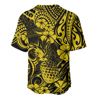 Yellow and black pineapple print baseball jersey, back view with curved hem