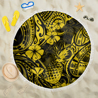 Round yellow pineapple patterned beach blanket with white fringed edge