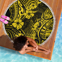 Round beach blanket with black and yellow pineapple floral pattern, white fringes