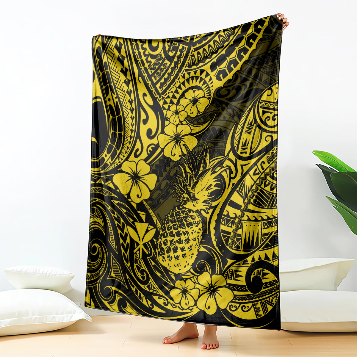 hawaii-pineapple-blanket-polynesian-pattern-yellow-version