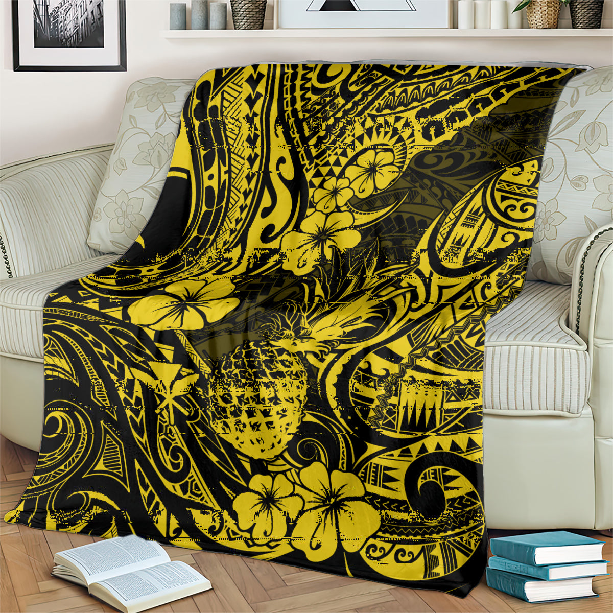 Yellow and dark pineapple floral tribal pattern blanket draped over a sofa.