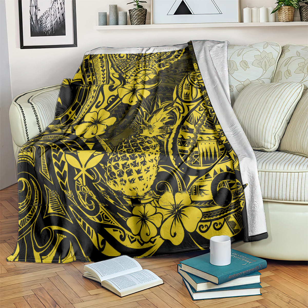 Yellow and dark pineapple floral tribal pattern blanket with long drape over armrest.