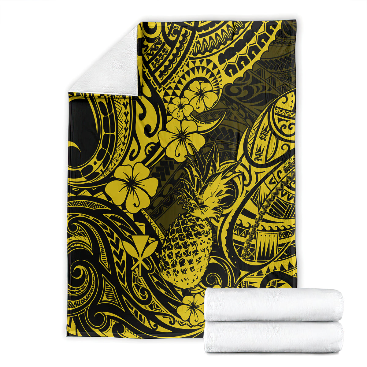 Yellow and dark pineapple floral tribal pattern blanket shown folded with neat edges.