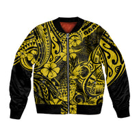 Unisex yellow bomber jacket with black sleeves, full-zip front, bold pineapple floral pattern
