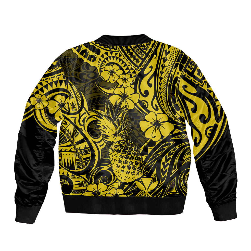 Yellow bomber jacket with black ribbed cuffs, pineapple and floral polynesian print