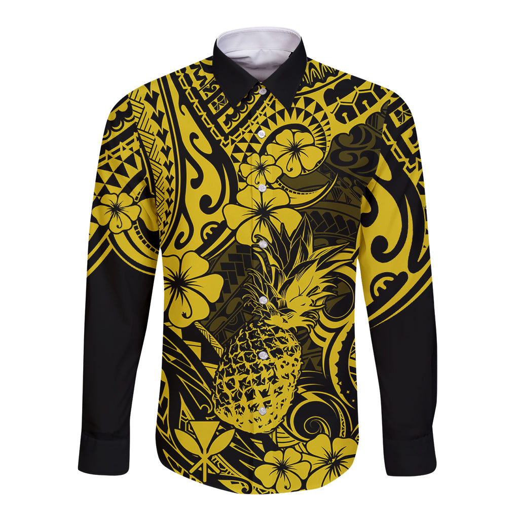 Long-sleeve button-up shirt, yellow pineapple floral Polynesian print, front view