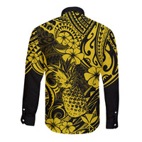 Long-sleeve button-up shirt, yellow pineapple floral Polynesian print, back view