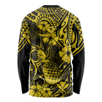 Yellow long-sleeve crewneck shirt with black pineapple and floral print, back view