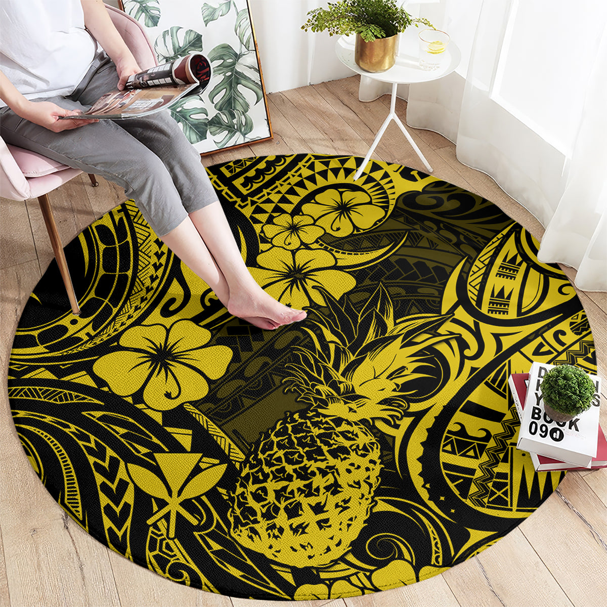 Round pineapple polynesian pattern rug, yellow flowers and tribal swirls on black