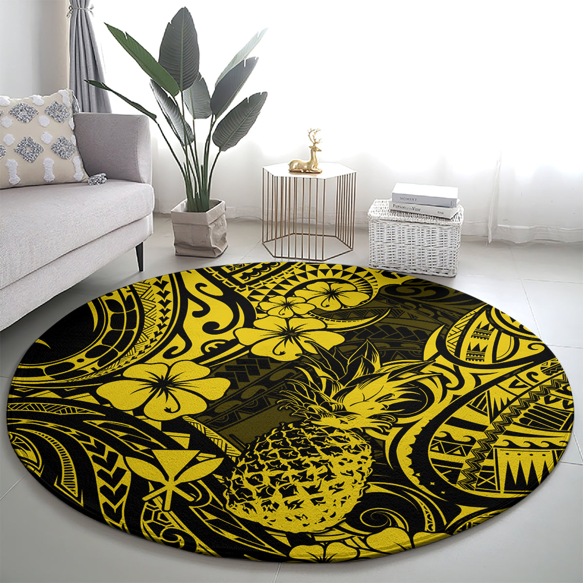 Round area rug with yellow pineapple and hibiscus-style motifs on dark background