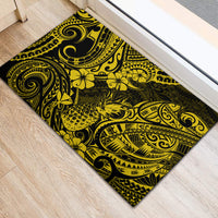 Yellow and black rubber doormat with pineapple, flowers, and tribal swirl pattern